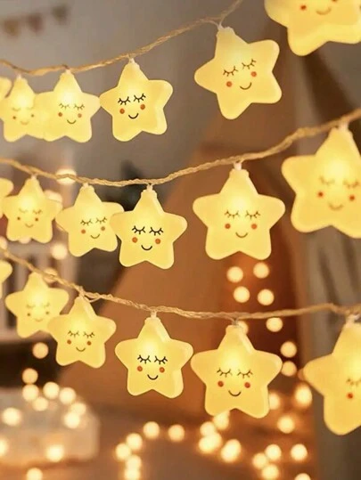 1.5m 10-LED Cute Smiling Face & Star String Lights, Home Bedroom Living Room Kids Room LED Decorative Lights, Suitable For All Seasons, Great For Birthday Party, Graduation Ceremony, Atmosphere Lighting, Battery Powered Adorable Fairy Lights