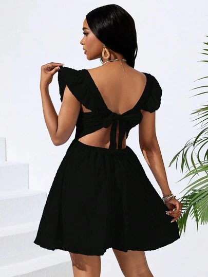 Vestido Corto De Mujer Con Cordones Con Lazo En La Espalda,Vestido Sólido De Línea A Con Escote En V Y Ribete De Volantes,Con Paneles De Encaje En La Cintura