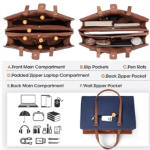 Laptop Bag For Women 15.6 Inch Laptop Tote Bag Waterproof Leather Computer Bag Large Lightweight Briefcase Professional Business Office Work Bag - Navy Blue - View 5