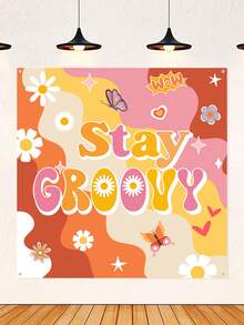 1 件 120*120 厘米方形雏菊图案“Stay Groovy”涤纶背景布、背景横幅、洗礼生日派对房间墙壁背景装饰用品 - 彩色 - 查看 5