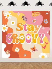 1 件 120*120 厘米方形雏菊图案“Stay Groovy”涤纶背景布、背景横幅、洗礼生日派对房间墙壁背景装饰用品 - 彩色 - 查看 2