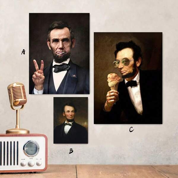 1pc/3pcs Set Fun Altered Peace Sign & Lollipop Oil Painting,Historical Presidential Painting Abraham Lincoln Canvas Poster,For Home, Office, Study Room, Living Room, Bedroom Wall Decoration,NO Frame/Framed