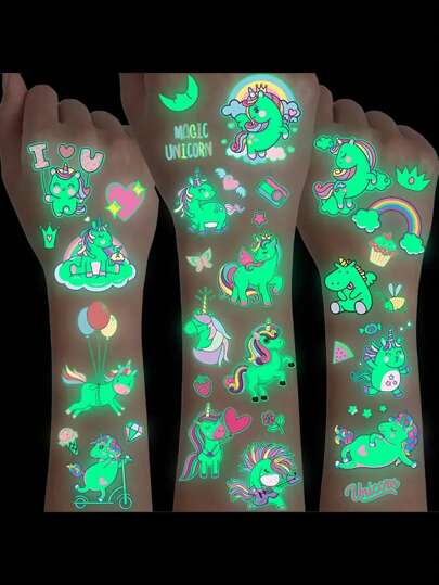 STARTTOOS 15 Peças Adesivos de Tatuagem Temporária Luminosa de Unicórnio, Fofos e Divertidos para Meninos e Meninas, Adesivos de Tatuagem Falsa Brilha no Escuro À Prova d'Água, Presente de Aniversário e Decorações de Festa