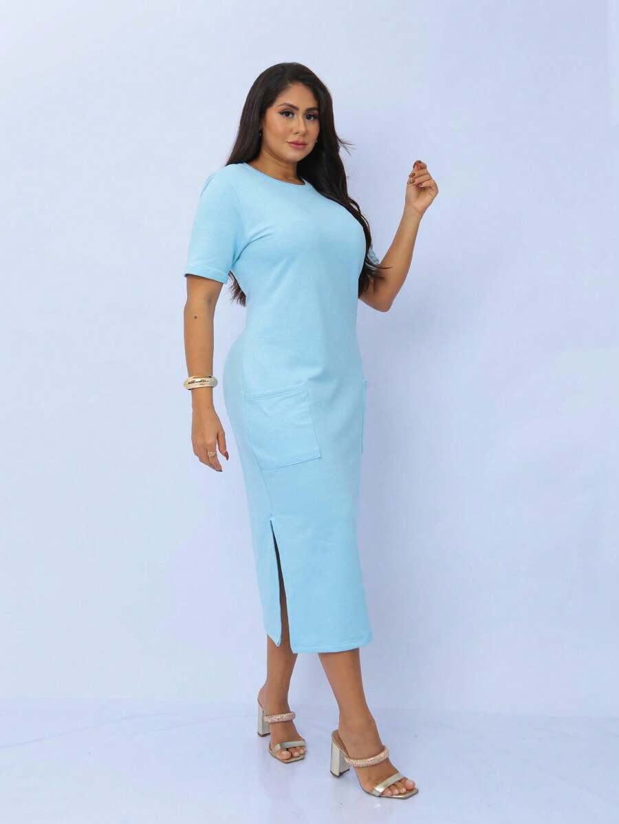 Midi Sweatshirt Dress With Front Pockets - Stylish And Modern | Fashion 2024 - 淺藍色 - 查看 1