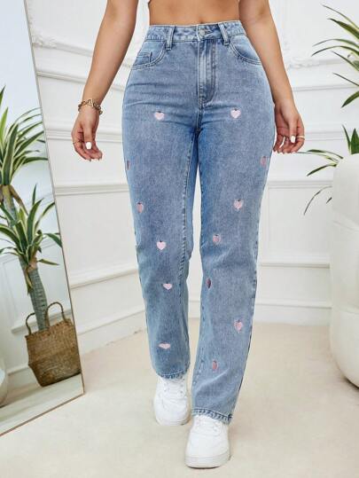 Women's Fashionable Casual Soft & Comfortable Heart Embroidered Light Blue Elastic Snowflake Denim Pants, Suitable For Spring, Summer, Autumn, Winter