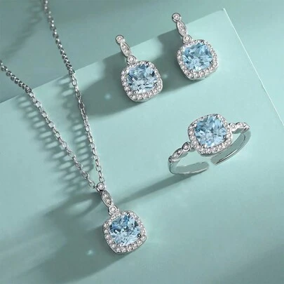 4pcs/Set Ocean Heart Shaped Blue Cubic Jewelry Set Necklace, Earrings, Ring, Perfect Gift For Girlfriend, Daily Wear & Special Occasions