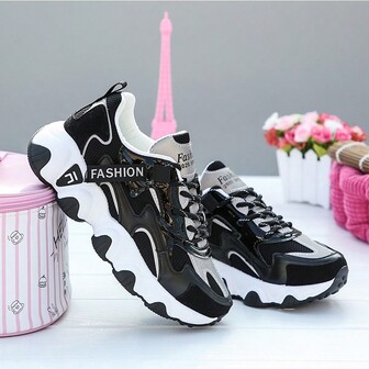 Women's Thick Sole Mesh Breathable Platform Sneakers, Comfortable Non-Slip Casual Sports Shoes, Fashionable Black Work Shoes For Young Adults, Summer