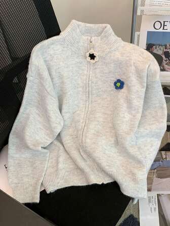 JIANHU 春季新款女士毛衣韩版简约立领拉链开衫百搭雏菊刺绣外套