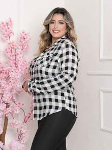 Women's Plaid Shirt Fabric Long Sleeve With Pocket And Buttons Chemise Elegant Duna Versatile Cotton Plus Size T-Shirt - Black and White - View 5