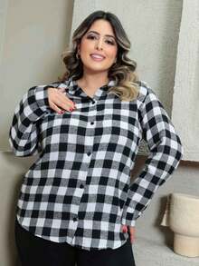 Women's Plaid Shirt Fabric Long Sleeve With Pocket And Buttons Chemise Elegant Duna Versatile Cotton Plus Size T-Shirt - Black and White - View 3