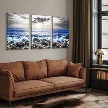 3pcs Natural Scenery Wall Painting Ocean Coast Scenery Painting Black And White Blueprint Canvas Painting Home Wall Decoration For Living Room Bedroom Bathroom - màu sắc - Xem 3