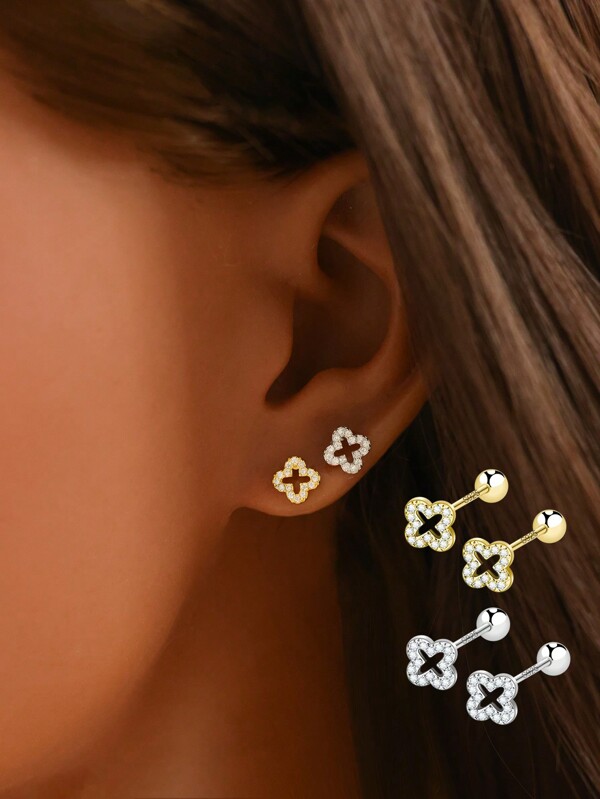 1/2 Paar hypoallergene 925 Sterling Silber Ohrstecker mit Kleeblatt-Motiv, Gewinde-Kugel Ohrstecker, für Frauen und Mädchen als Alltagsschmuck, mit Geschenkbox