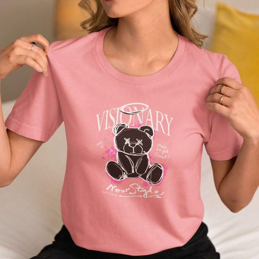 Basic Women's T-Shirt High Definition Visionary Print T-Shirt 100% Cotton Casual Premium - 玫紅色 - 查看 1