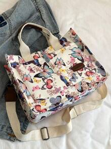 大容量蝴蝶印花手提包，图案随机，适合上学、工作、旅行，非常适合节日礼物 - 彩色 - 查看 5