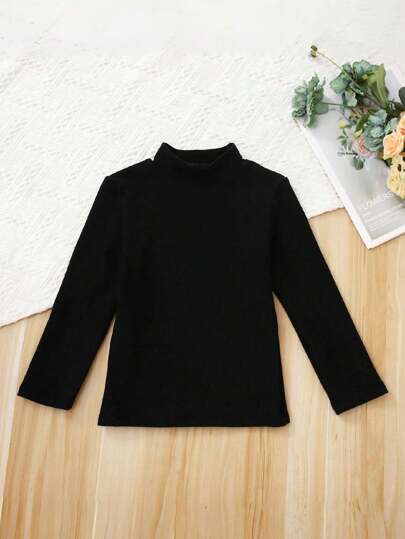 Tween Girl Turtleneck Basic Solid Color Thermal Long Sleeve T-Shirt, Black, For Spring Autumn Winter