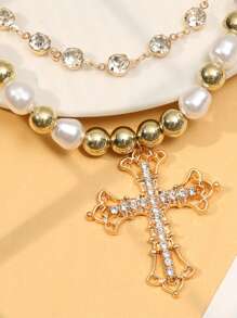 1pc Vintage Pearl Punk Cross Pendant Necklace - Gold - View 2