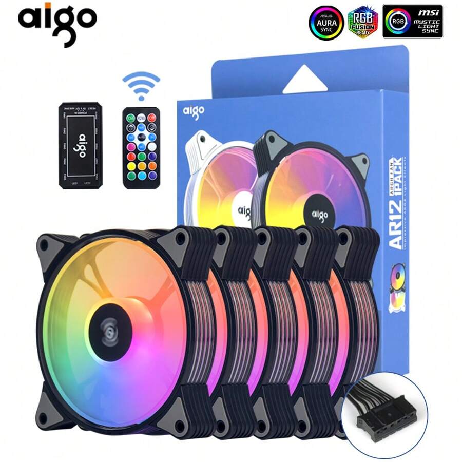 Quạt tản nhiệt máy tính Aigo AR12 120mm RGB, tản nhiệt Aura Sync, cổng Sata, bộ làm mát 12cm, quạt điều khiển im lặng Argb, bộ 5 quạt tản nhiệt