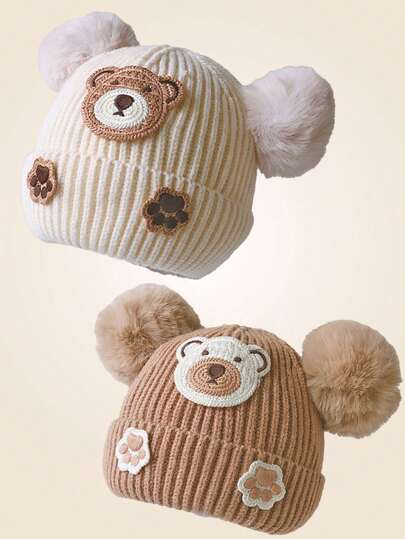 1 件装婴儿针织帽，带护耳功能，可爱熊图案，绒球装饰，无帽檐，男女通用，秋冬季保暖