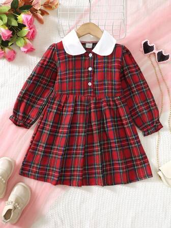 Young Girl Long Sleeve Peter Pan Collar Contrast Buttoned Shirt Dress, Casual Plaid Dress, Winter Daily Wear