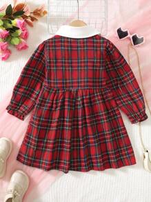 年轻女孩长袖彼得潘领撞色纽扣衬衫裙、休闲格子裙、冬季日常装 - 紅色 - 查看 2