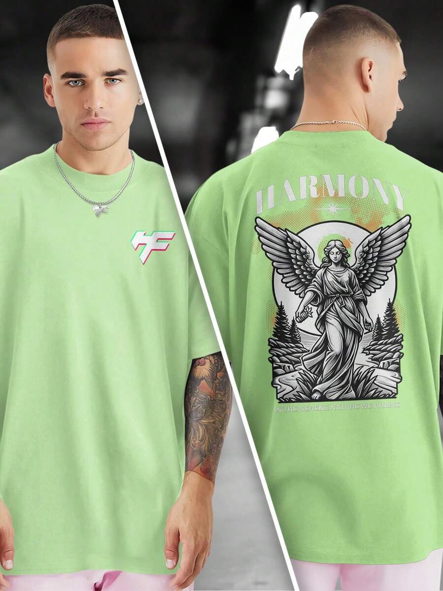 HARMONY STAR 100% Cotton Printed T-Shirt Front And Back GPJ1 - 薄荷綠 - 查看 1