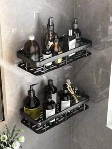 1pc No Drilling Bathroom Shelf, Wall-Mounted Storage Rack, Organizer For Shampoo, Conditioner, Cosmetic - Black - View 1