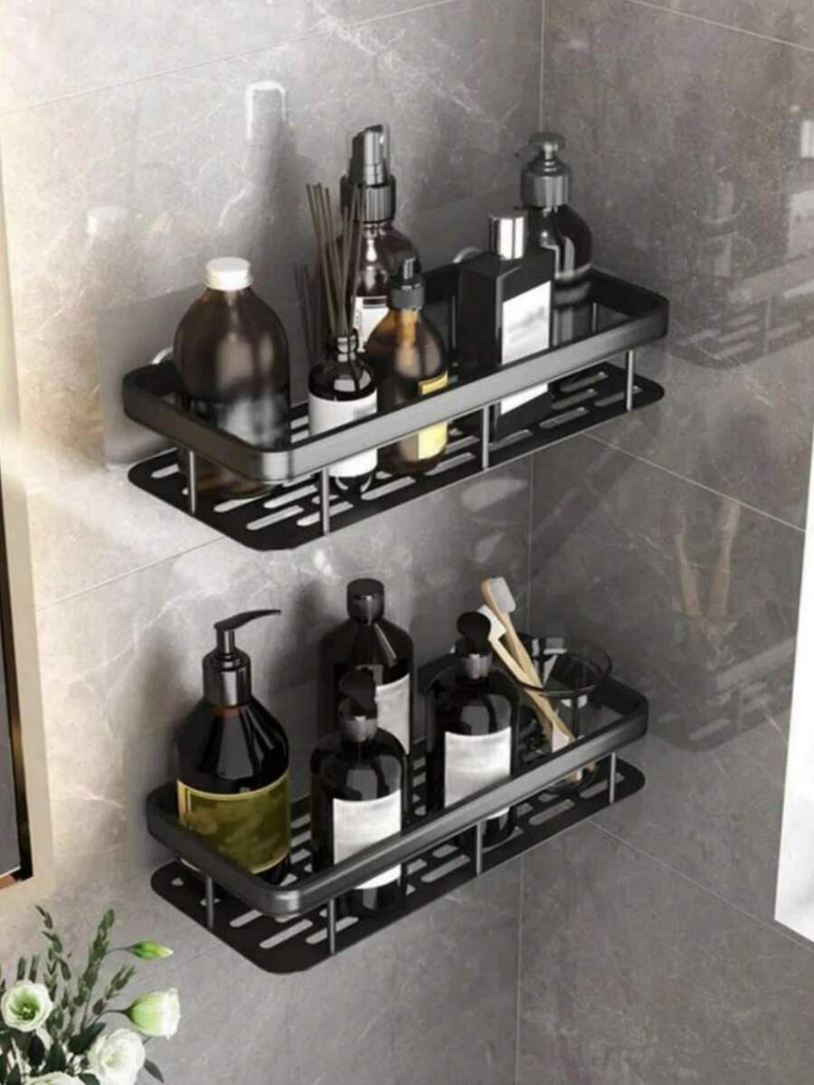 1pc No Drilling Bathroom Shelf, Wall-Mounted Storage Rack, Organizer For Shampoo, Conditioner, Cosmetic - Black - View 1