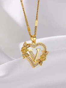 1 Pc Fashion Zirconia Flower Initial Heart Pendant Necklaces For Women Gold Color Stainless Steel Letter Chain Wedding Jewelry Gifts Valentines,Mom,Mother,Mother's Day,Gift