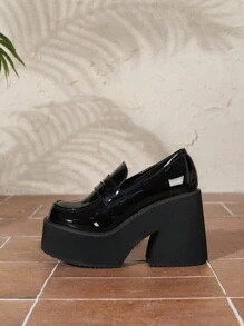 Women's Fashionable Round Toe Chunky Heel Waterproof Platform Party Pumps - Black - View 4