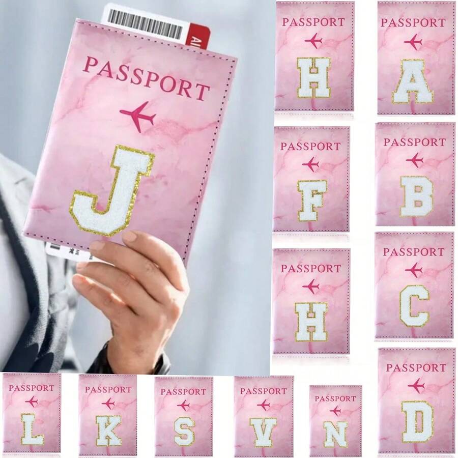 Chic Personalized Passport Holder For Women & Teens - Initial PU Leather Wallet With 26 Letter Patches, Stylish Travel Card Case, Perfect Unique Gift For Her, Enhance Your Jetset Style Travel Essentials School Back To School School Supplies Holiday Holiday Essentials Vacation Accessories Passport Cover - Dusty Pink - View 1