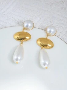 Mazuer 1 对优雅金色复古夏季海滩时尚泪珠椭圆形珍珠流苏耳环，高端设计礼物，适合女性、派对、毕业典礼、返校、日常、度假