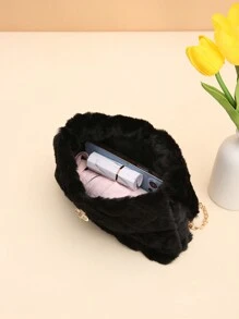 Furry Material Crossbody Bag, Women's New Versatile Chain Shoulder Bag, Furry Fluffy Lock Small Square Bag, Perfectly Matching With Fall Outfits Women - Black - View 5