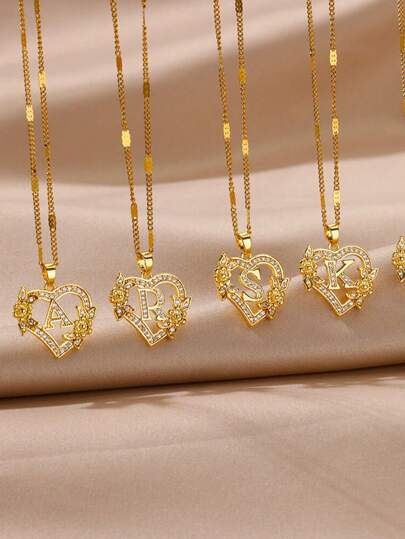 1 件时尚锆石花朵字母心形吊坠项链女士金色不锈钢字母链婚礼珠宝礼物情人节、妈妈、母亲、母亲节、礼物