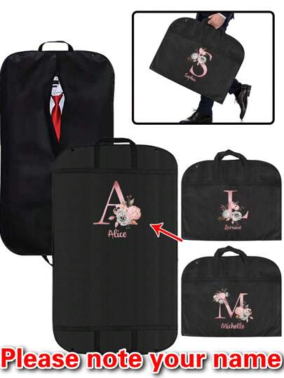 1 pieza Funda de ropa personalizada portátil y antipolvo, de tela no tejida impermeable, con patrón personalizado, nombre, flor rosa, iniciales de la A a la Z, para proteger la ropa, vestidos, trajes y abrigos, organizador de armario para guardar y colgar prendas