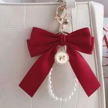 Pearl Bow Phone Lanyard Keychain Versatile Bag Charm - Red - View 4