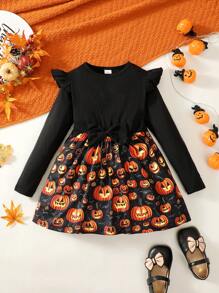 Vestido de manga larga con parche de calabaza y farol para niña, falda con moño para Halloween, fiestas, otoño e invierno