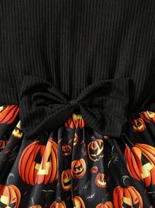 Vestido de manga larga con parche de calabaza y farol para niña, falda con moño para Halloween, fiestas, otoño e invierno