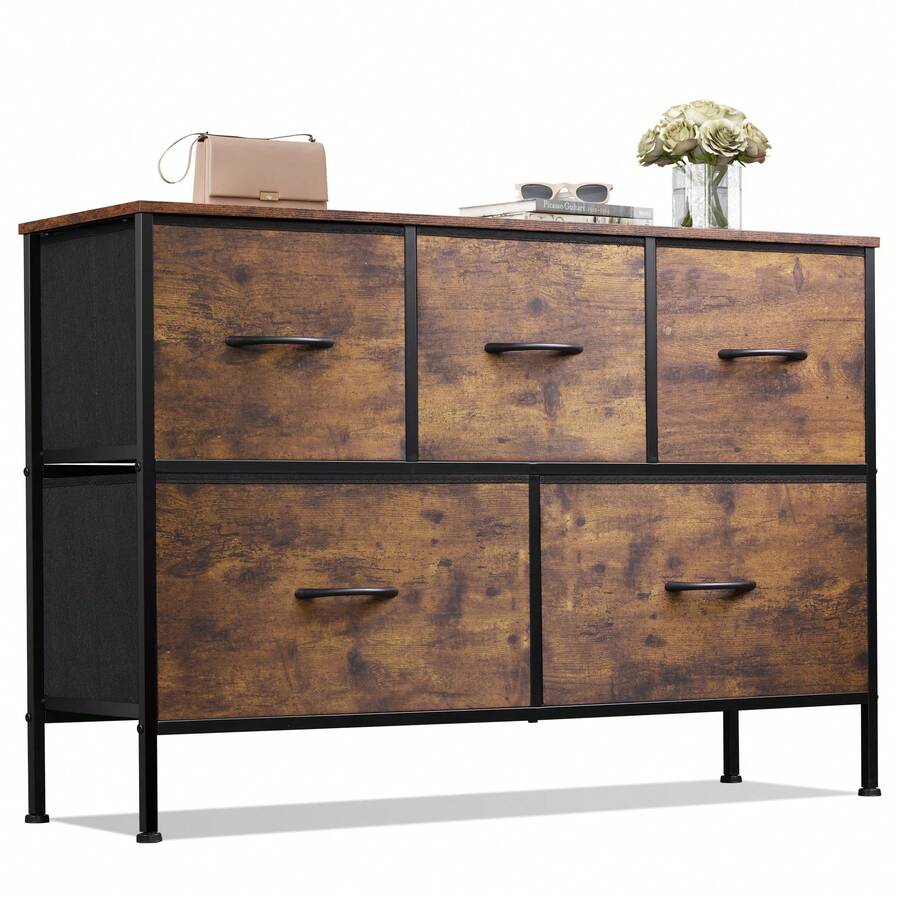 Dresser For Bedroom With 5 Drawers, Wide Chest Of Drawers, Fabric Dresser, Storage Organizer Unit With Fabric Bins For Closet, Living Room, Hallway - màu nâu - Xem 1