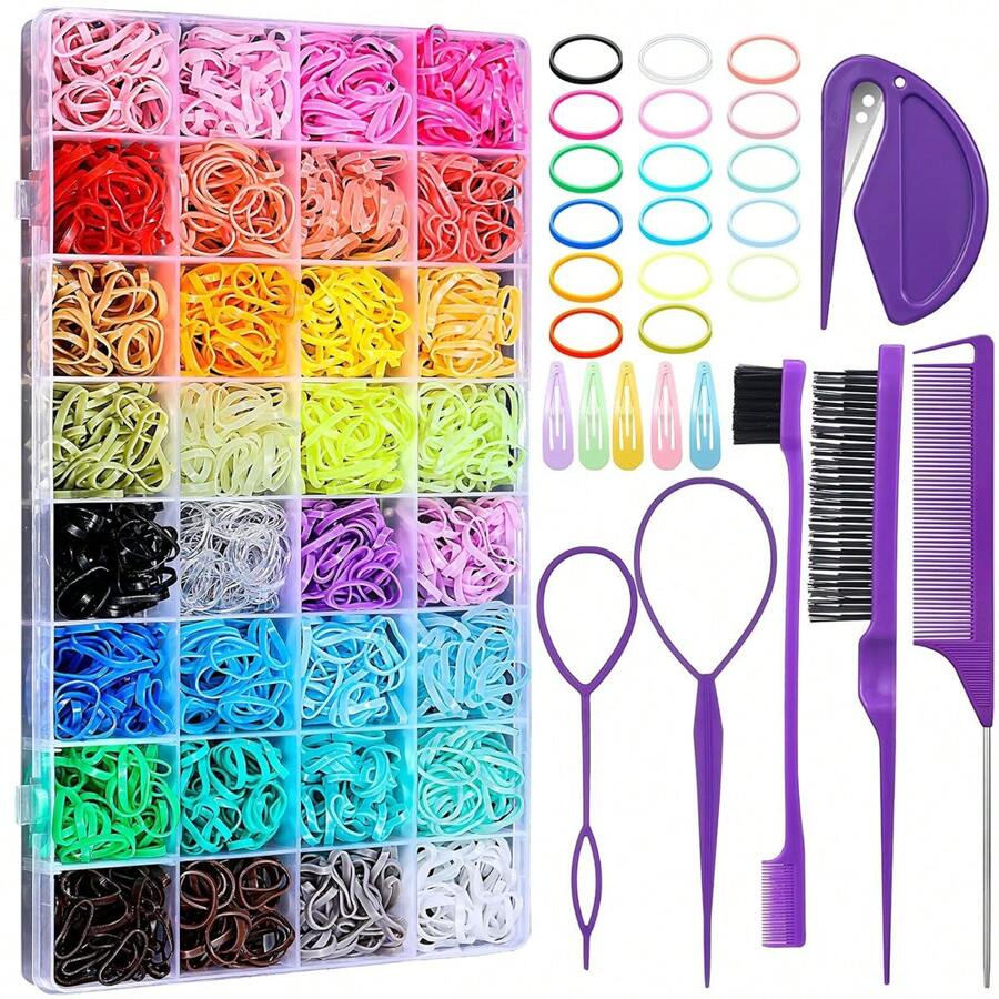 32 Colors Small Hair Rubber Bands With 16 Hair Styling Tools, 1800 Pcs Elastic Girl Baby Hair Ties Mini Hair Bands With Hair Elastic Cutter Hair Accessories Xmas Stuff For Girls Baby Toddlers Kids - Multicolor - View 1