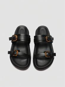 Fashion Flat Sandals Women Black Buckle Round Toe Thick Sole Casual Slippers