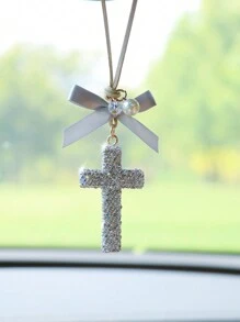 1pc Rhinestone Encrusted Ceramic Cross Car Hanging Decor - one-size - View 10