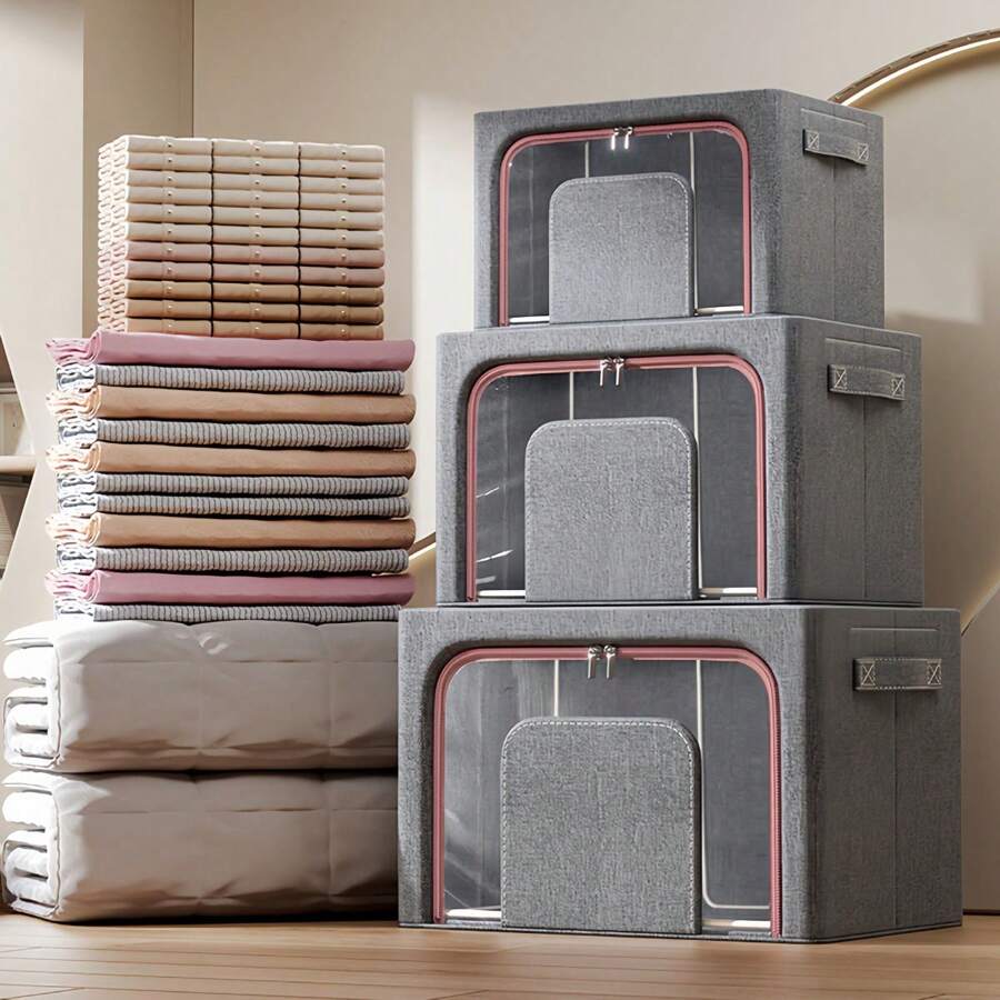 1pc Clothing Storage Box, Steel Frame Large Capacity Organizer, Foldable Clothes Storage Box, Bedding Storage Box, Waterproof & Moisture-Proof Wardrobe Storage Box, Bedroom Accessories - Spacious Dust-Proof Clothing & Bedding Storage Box, Efficiently Manage Home And Dorm Space.
