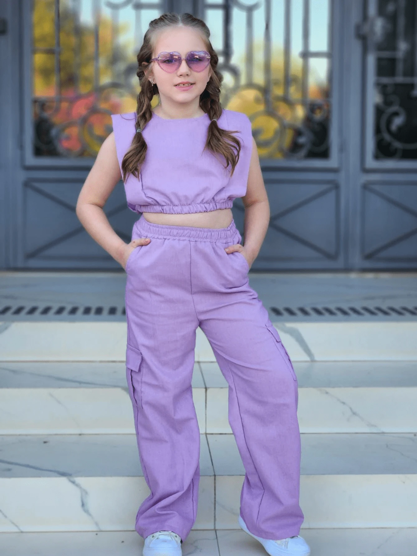 Set For Girls, Children And Youth Cropped Top + Cargo Pants Children's And Youth Clothing For Women From 02 To 12 - 紫色 - 查看 1