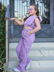 Set For Girls, Children And Youth Cropped Top + Cargo Pants Children's And Youth Clothing For Women From 02 To 12 - 紫色 - 查看 2