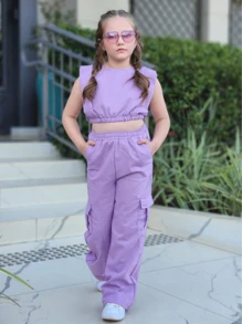 Set For Girls, Children And Youth Cropped Top + Cargo Pants Children's And Youth Clothing For Women From 02 To 12 - 紫色 - 查看 3