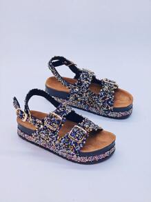 roulvxiang 女士防水厚底凉鞋钻石闪光一脚蹬粗跟休闲居家度假户外鞋