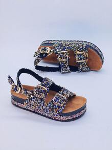 roulvxiang 女士防水厚底凉鞋钻石闪光一脚蹬粗跟休闲居家度假户外鞋