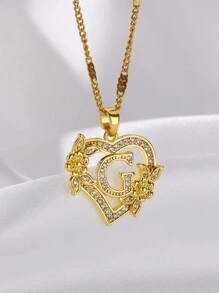 1 Pc Fashion Zirconia Flower Initial Heart Pendant Necklaces For Women Gold Color Stainless Steel Letter Chain Wedding Jewelry Gifts Valentines,Mom,Mother,Mother's Day,Gift