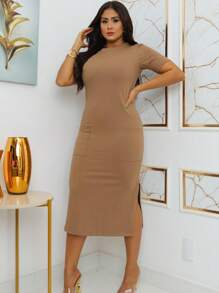 Midi Sweatshirt Dress With Front Pockets - Stylish And Modern | Fashion 2024 - 鏽棕色 - 查看 2