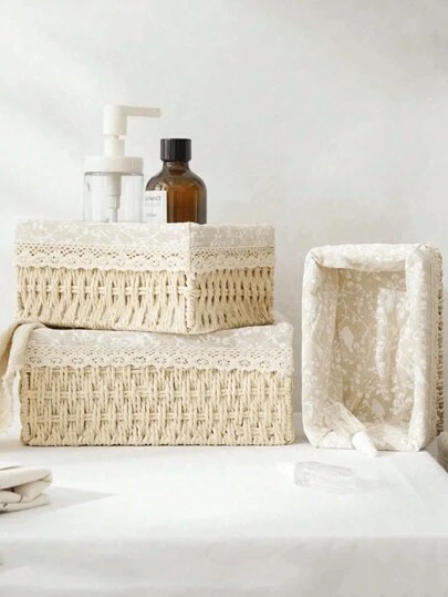 3pcs (S+M+L) Set, 1pc Bohemian Woven Desktop Storage Basket With And Without Lid, Suitable For Keys, Small Items, Coffee Table, Makeup, Keys, Snacks, Living Room, Entryway, Home, Decorative Storage Basket, Holiday Decor Gift, Reusable Storage Rack Basket For Stationery, Closet, Toys, Cosmetics, Desktop Organizer, Ideal Gift Basket